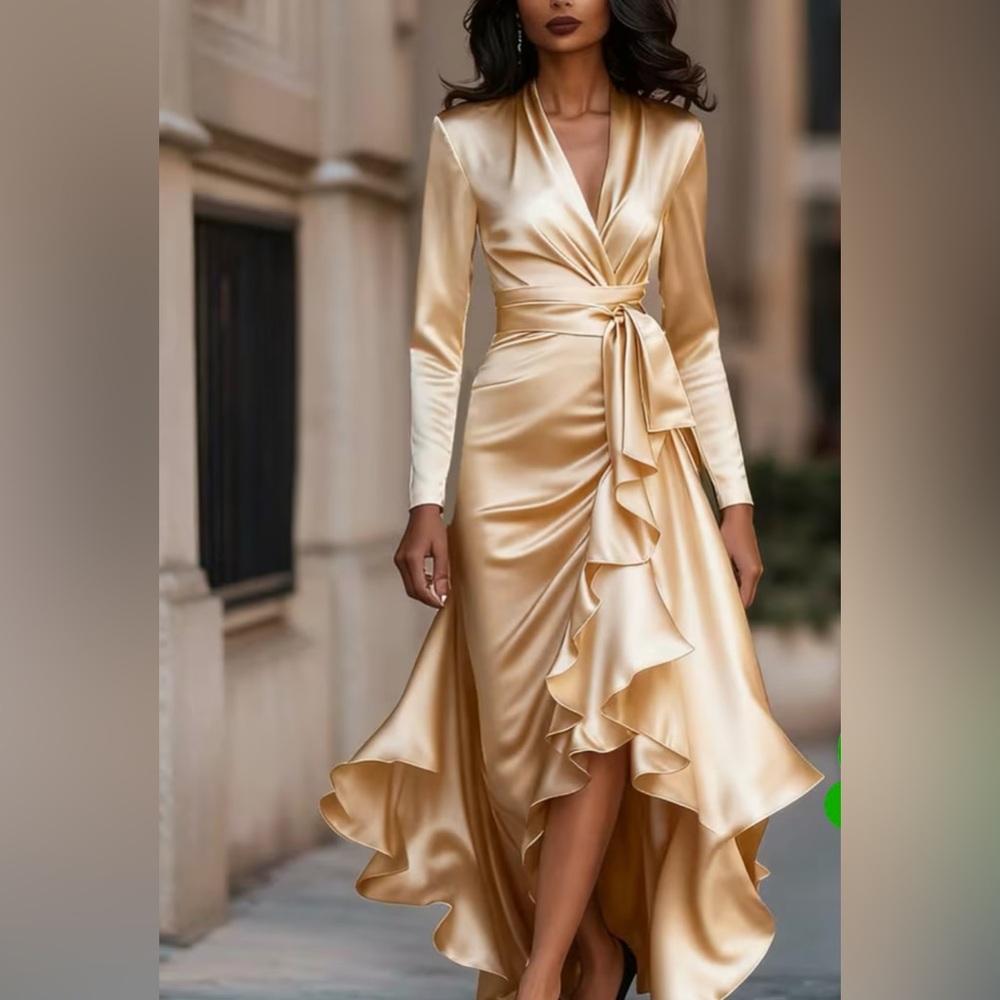 Elegant Gold Satin Wrap Dress